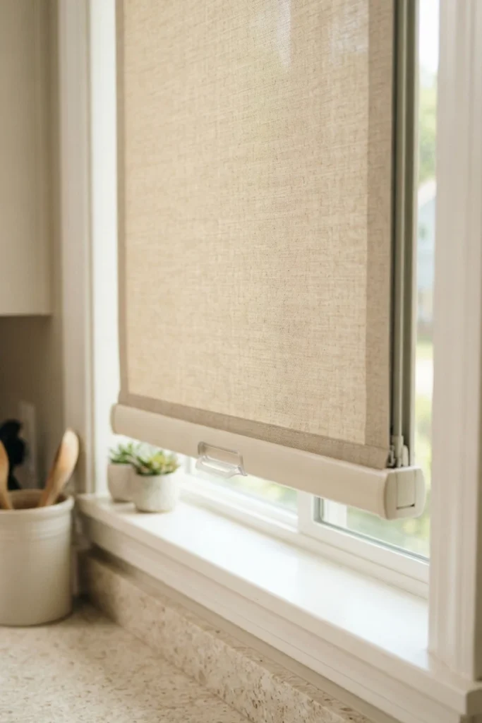 Cordless roller shade with a pull-handle mechanism on a kitchen window, no dangling cords