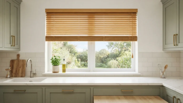 Faux wood blinds on a kitchen window above a sink with sage green cabinets