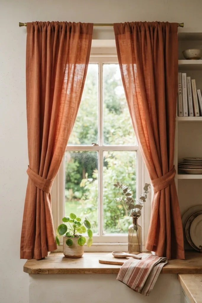 Terracotta linen curtains tied back on a kitchen window, adding warmth and color to the space