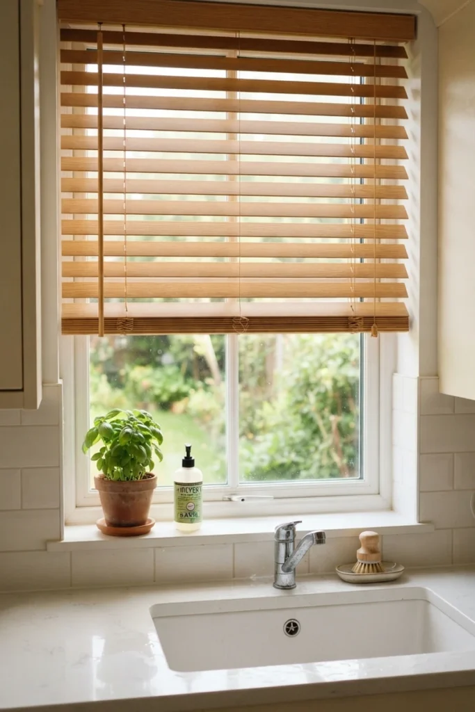 Wood-effect blinds above a kitchen sink, offering a wipeable, practical window treatment