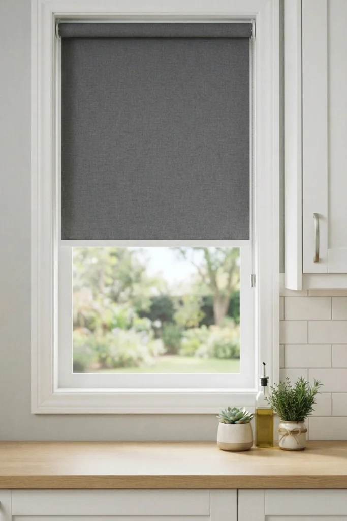 Charcoal roller shade partially rolled up on a kitchen window, showing a clean minimal look