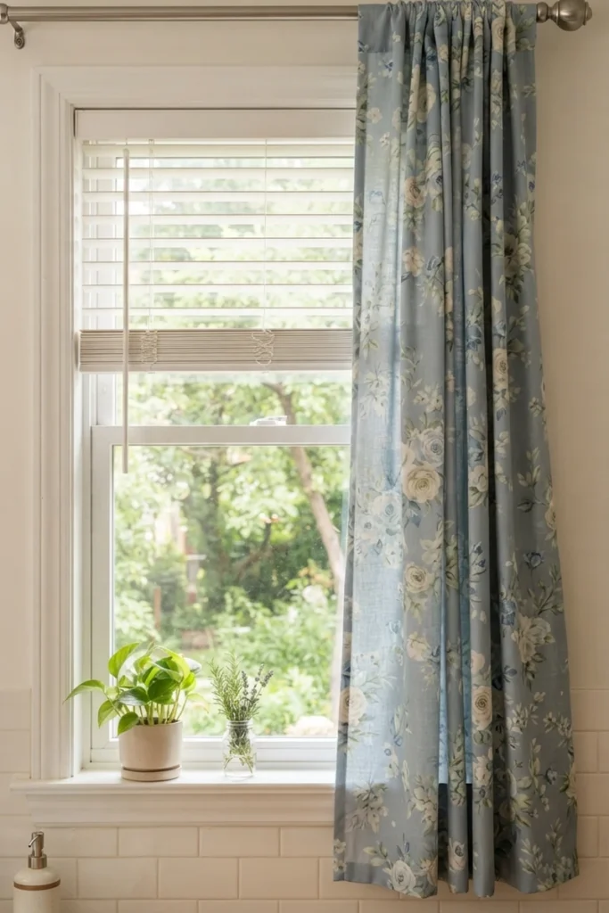 Functional white blinds layered with a decorative floral curtain panel on a kitchen window