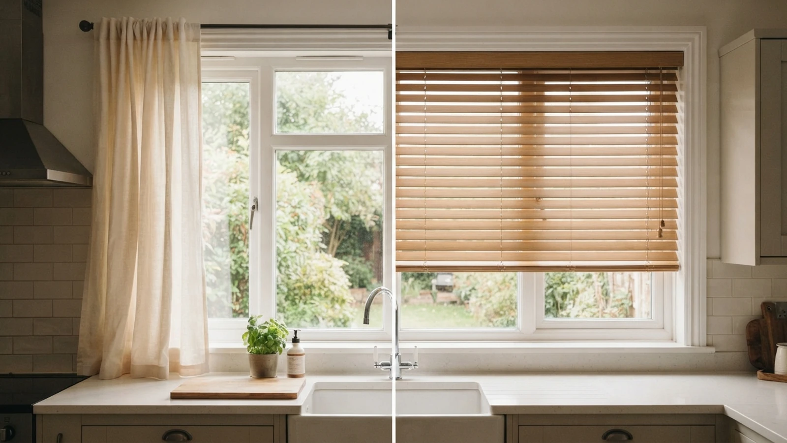 Kitchen curtains vs blinds — split window comparison showing soft fabric curtains beside faux wood blinds