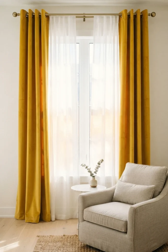 Layered curtains for living rooms with white sheers softly filtering daylight between bold mustard velvet grommet drapes