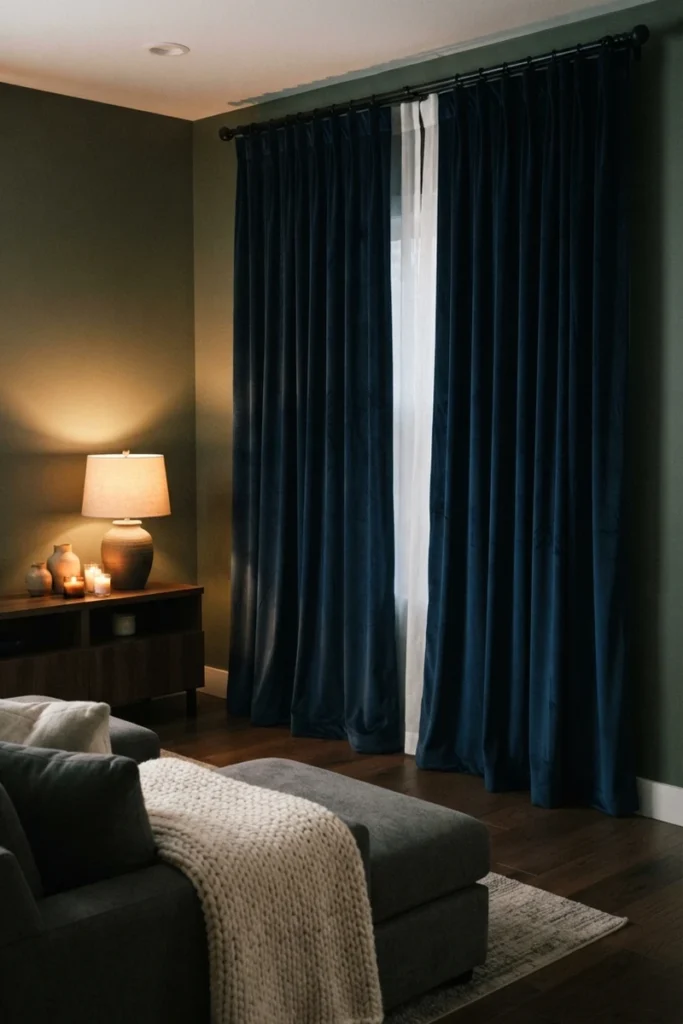 Layered curtains for living rooms with navy velvet blackout drapes closed for evening privacy over a white sheer layer