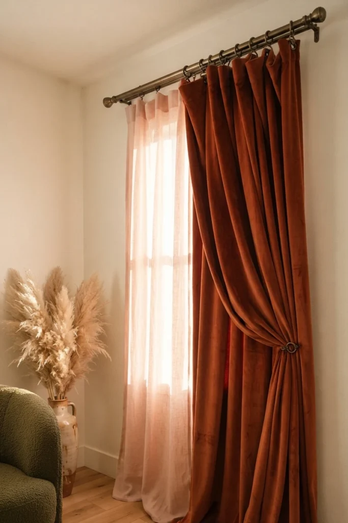 Layered curtains for living rooms showing terracotta velvet drapes on ring clips swept over blush pink linen sheers for texture and depth