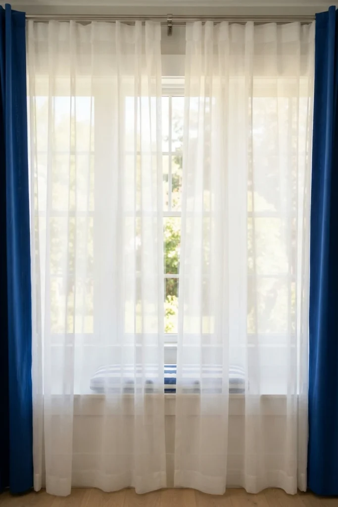 Layered curtains for living rooms with airy white voile sheers glowing in sunlight between bold cobalt blue side drapes