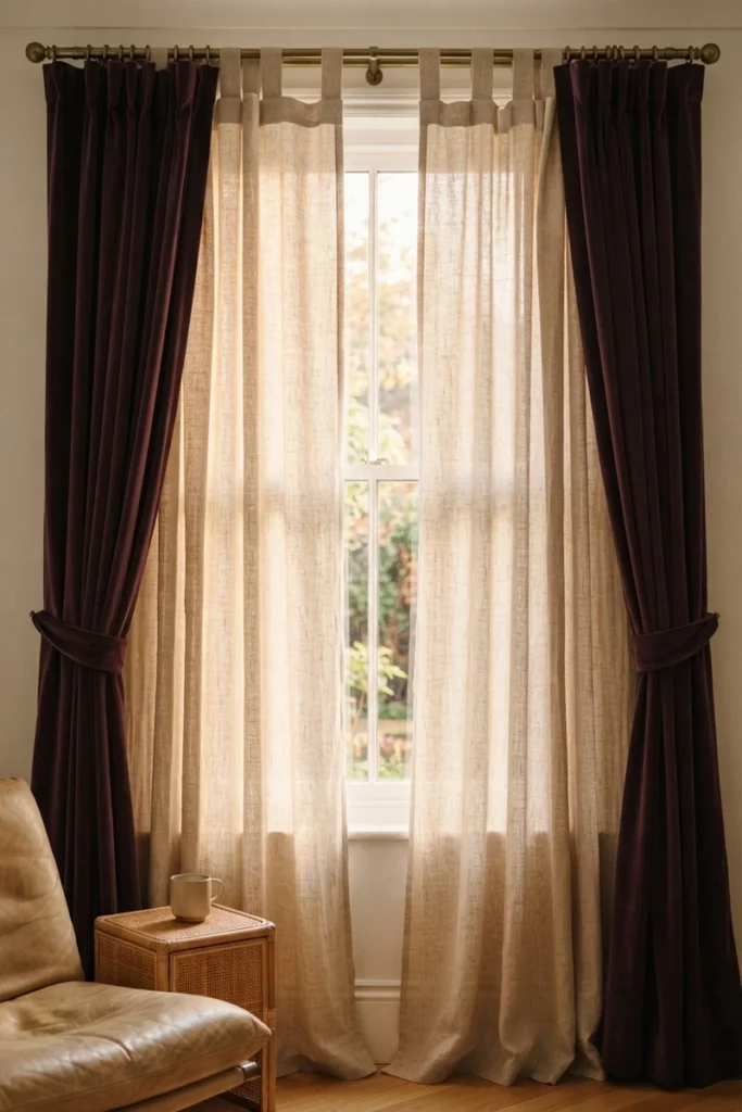 Layered curtains for living rooms featuring textured oatmeal linen sheers framed by deep plum velvet drapes with holdbacks