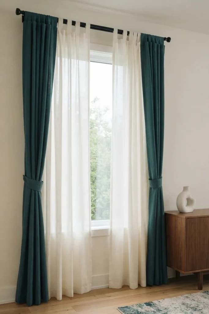 Layered curtains for living rooms using matte ivory cotton tab-top sheers with deep teal drapes tied back at each side