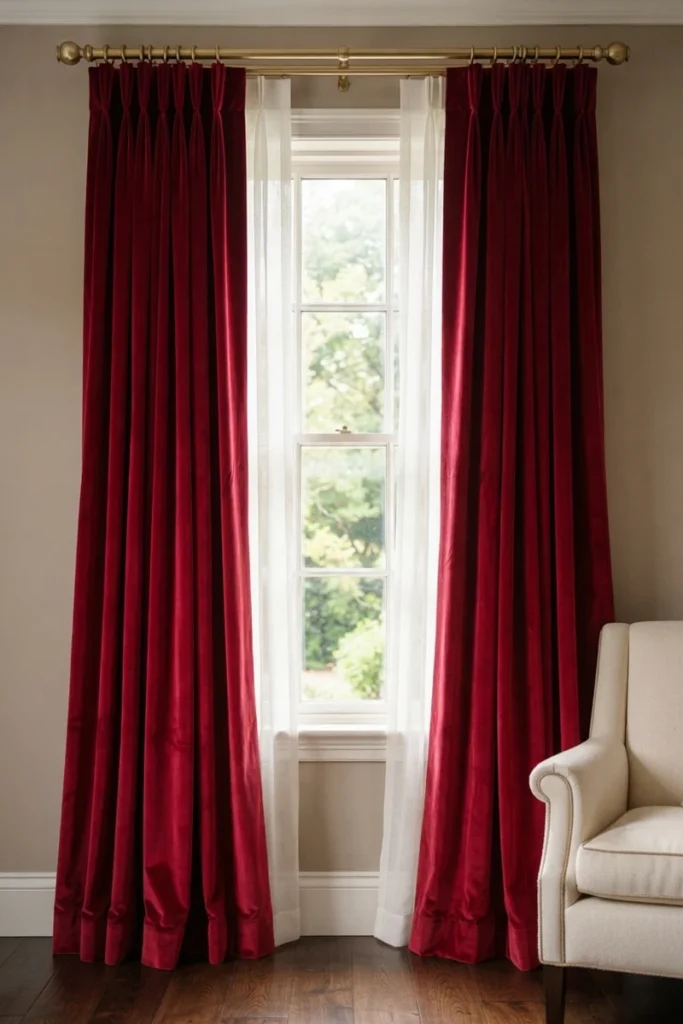 Layered curtains for living rooms with rich ruby red velvet pinch-pleat drapes on a gold rod over white sheers