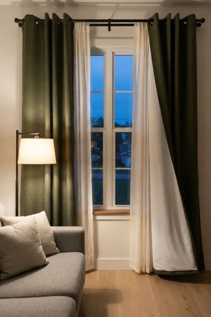 Layered curtains for living rooms showing olive green grommet drapes turned back to reveal white blackout lining at dusk