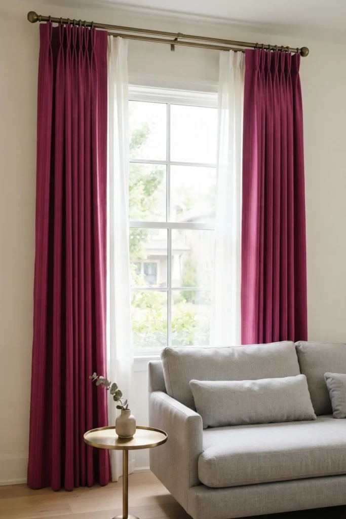 Layered curtains for living rooms featuring fuchsia euro-pleat drapes with a subtle tone-on-tone stripe framing white sheers