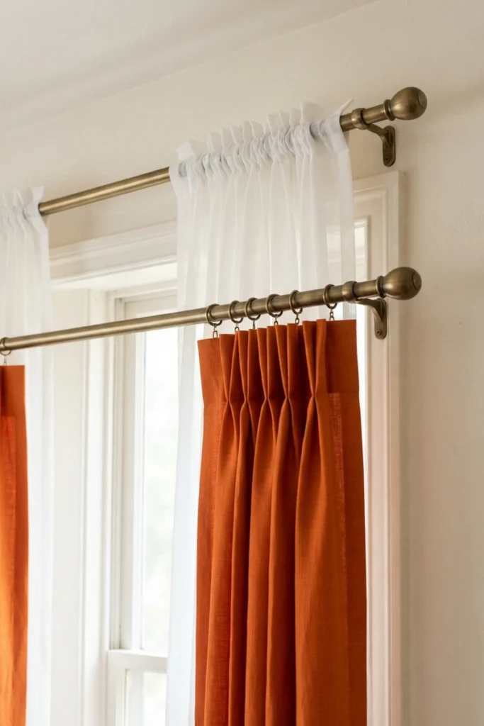 Layered curtains for living rooms pairing a white rod-pocket sheer on the back rod with tangerine pinch-pleat drapes on brass rings