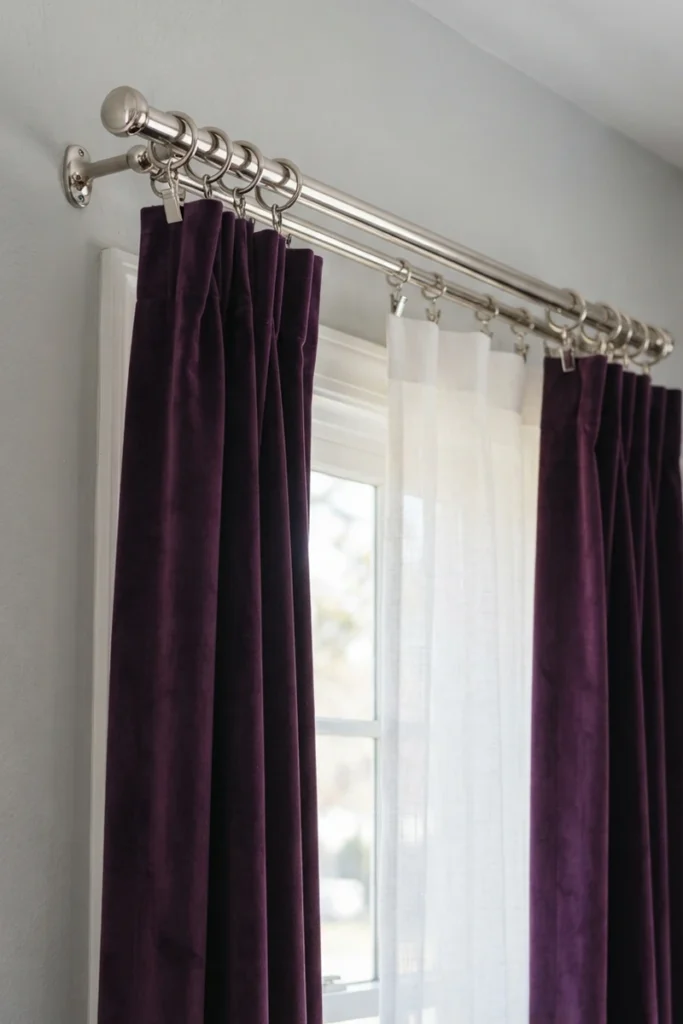 Layered curtains for living rooms with amethyst velvet drapes and a white linen sheer both hung on ring clips from a nickel double rod