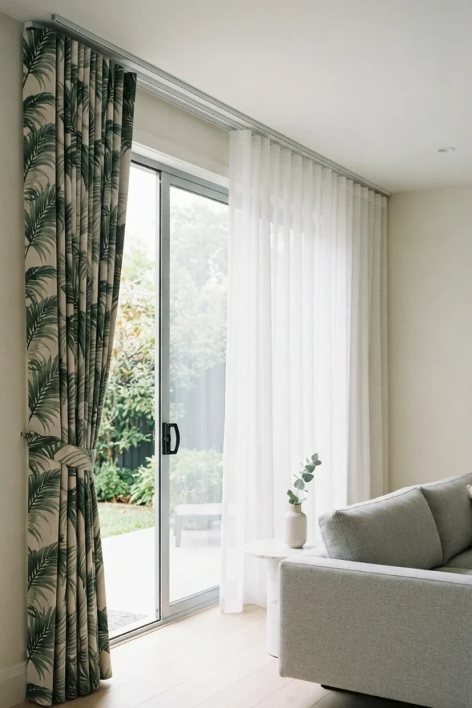 Layered curtains for living rooms on a ceiling traverse track with ripple-fold white sheers and palm leaf print drapes at a sliding door