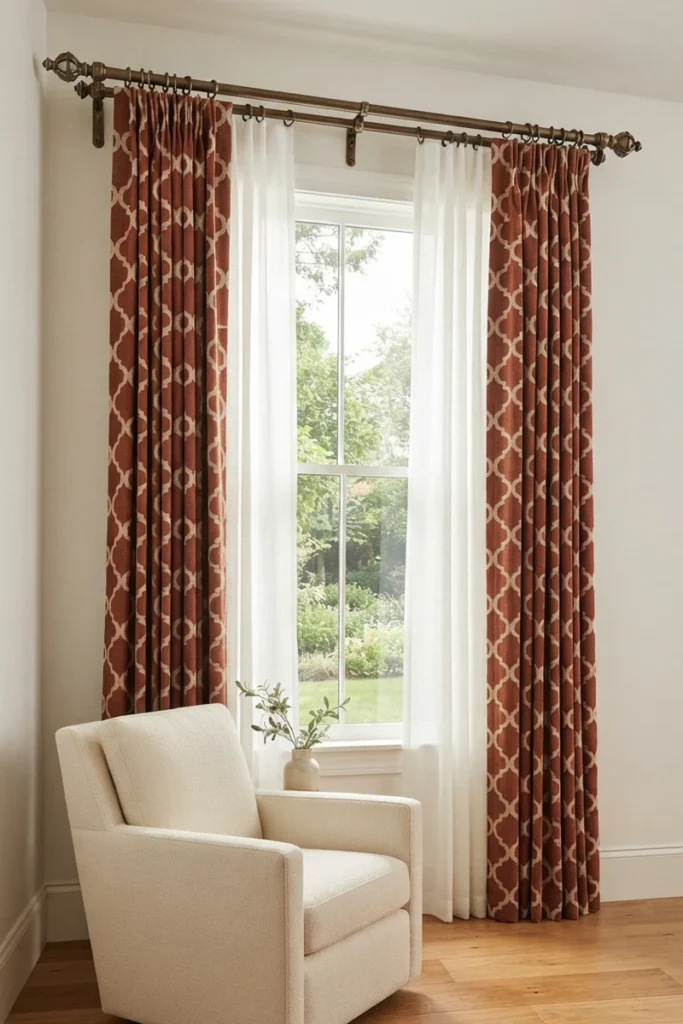 Layered curtains for living rooms with rust trellis print drapes stacked beside the window on a matching antique bronze double rod