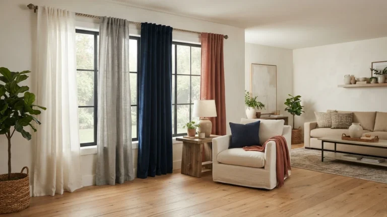 Best curtain colors for a living room — warm white, grey, navy, and terracotta curtain options compared