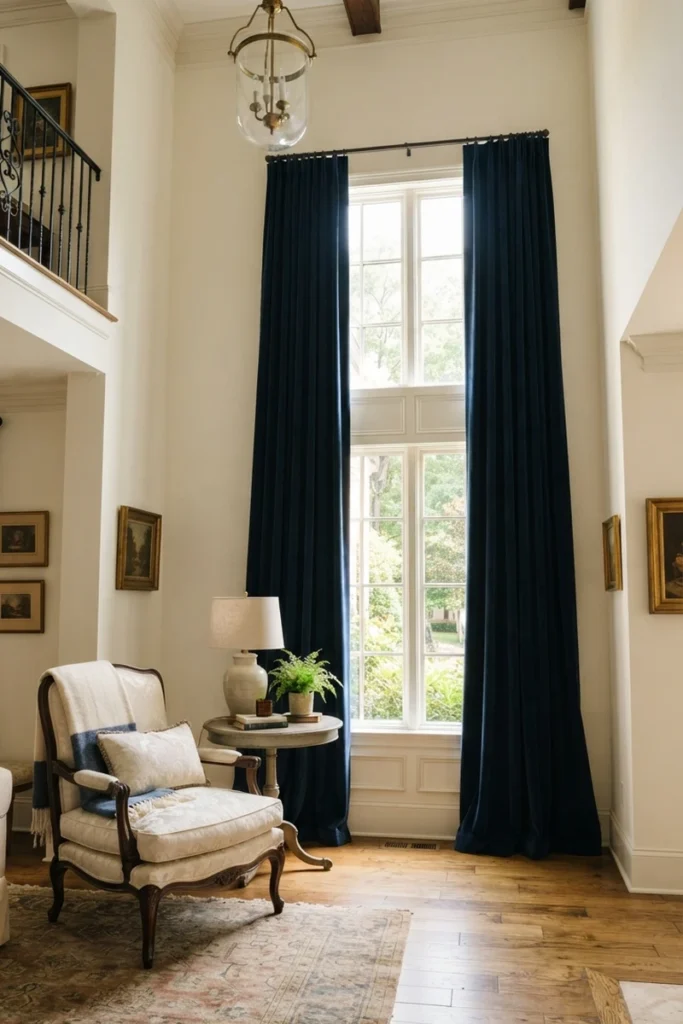 Deep navy velvet curtains grounding a living room with high ceilings