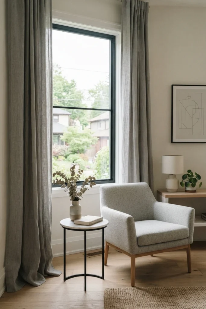Soft grey curtains creating a calm, contemporary base with modern living room furniture