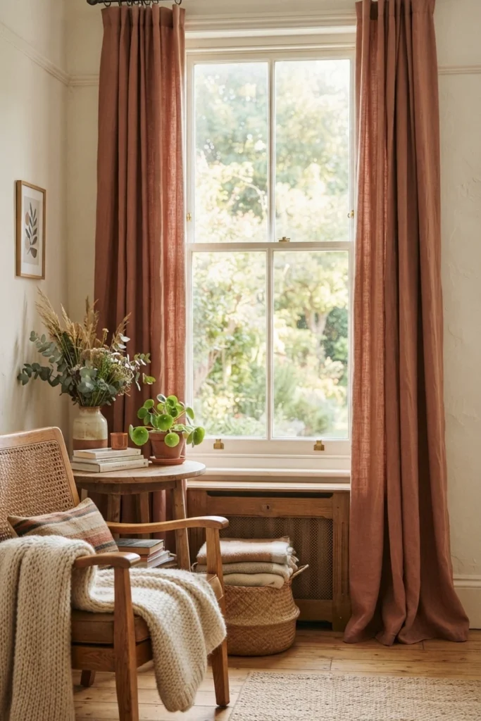 Muted terracotta curtains pairing with wood furniture and natural materials for understated warmth