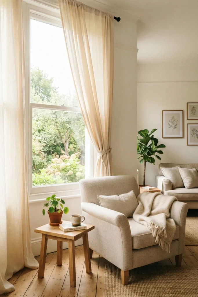 Warm white and cream curtains reflecting maximum natural light in a living room