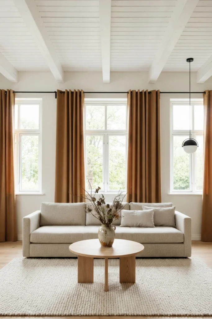 Modern living room curtain styles with caramel grommet panels hung high across three windows in a bright Scandinavian room with white beams