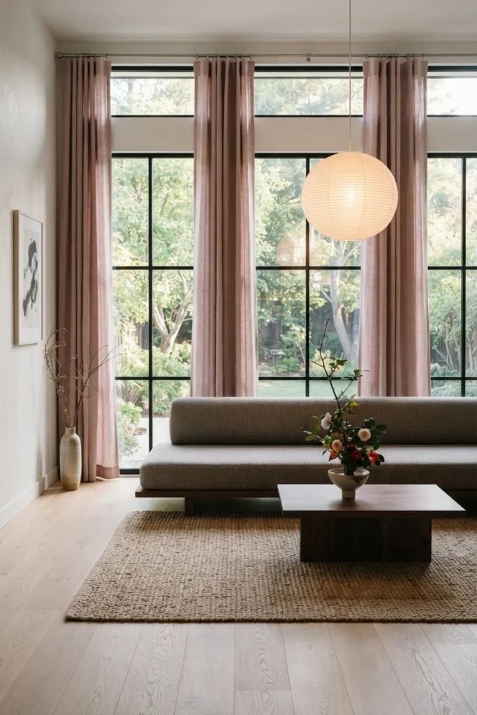 Modern living room curtain styles featuring tall dusty rose linen panels on a ceiling-high rod beside black steel windows in a Japandi room