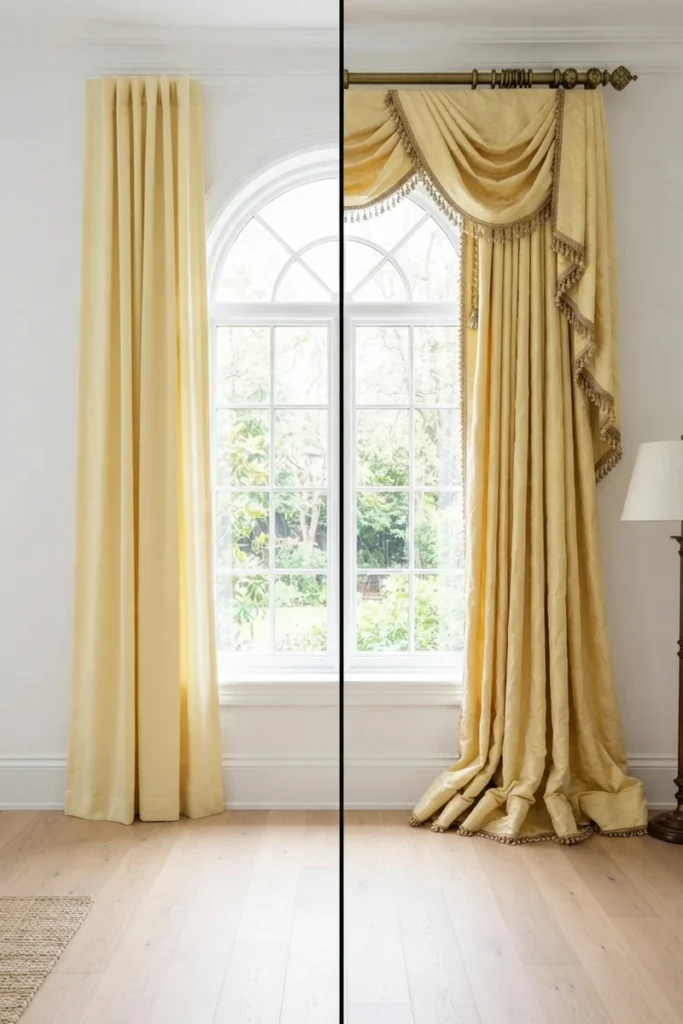 Modern living room curtain styles compared side by side, a clean butter yellow panel versus a fussy swagged drape with fringe and puddled hem