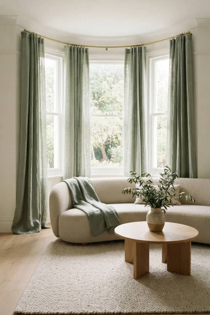 Modern living room curtain styles with muted sage green linen curtains on a curved brass rod in a bright bay window behind a curved boucle sofa