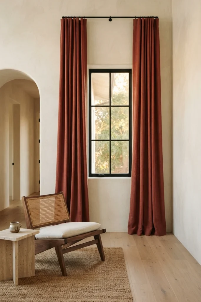 Modern living room curtain styles featuring muted madder brick cotton-linen curtains hung high above a black window beside a limewashed arch