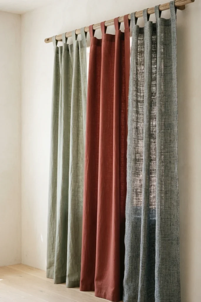 Modern living room curtain styles comparing sage linen, brick cotton-linen and open-weave blue-grey hemp curtain panels side by side