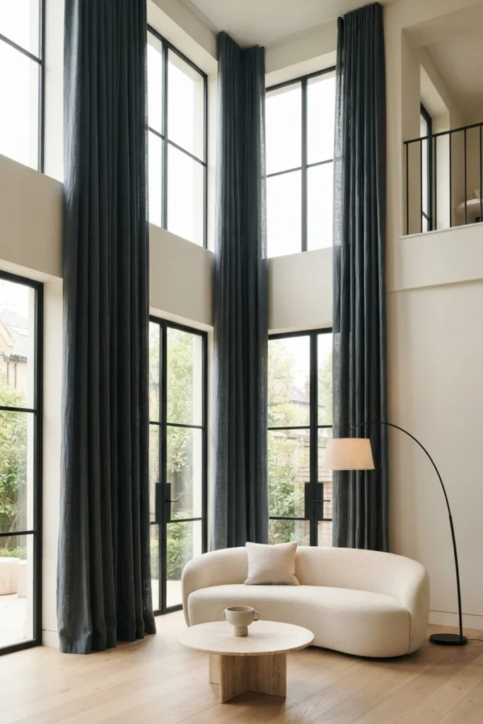 Modern living room curtain styles with deep slate linen curtains hung floor to ceiling in a bright double-height room with black steel windows