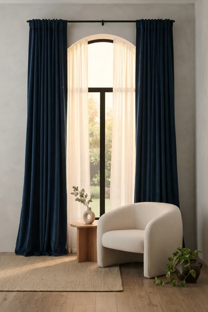Modern living room curtain styles featuring ink blue velvet drapes framing glowing white sheers at a tall arched window