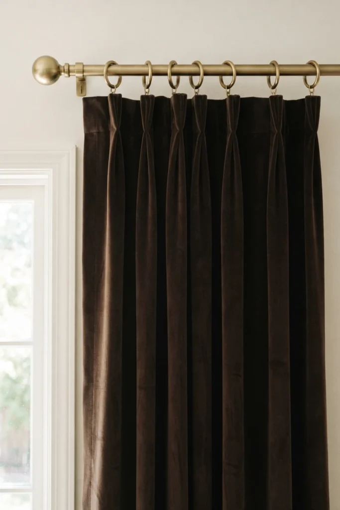 Modern living room curtain styles showing dark chocolate velvet pinch-pleat curtains on brushed brass rings and a brass rod