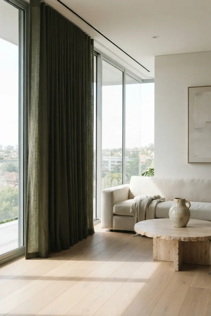 Modern living room curtain styles with deep olive motorized ripple-fold curtains drawn across a sunny glass wall on a recessed ceiling track