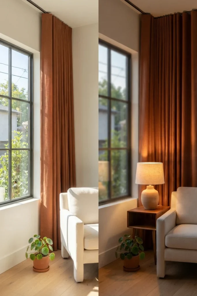 Modern living room curtain styles shown in a day versus evening split with cinnamon rust ripple-fold curtains on a slim ceiling track