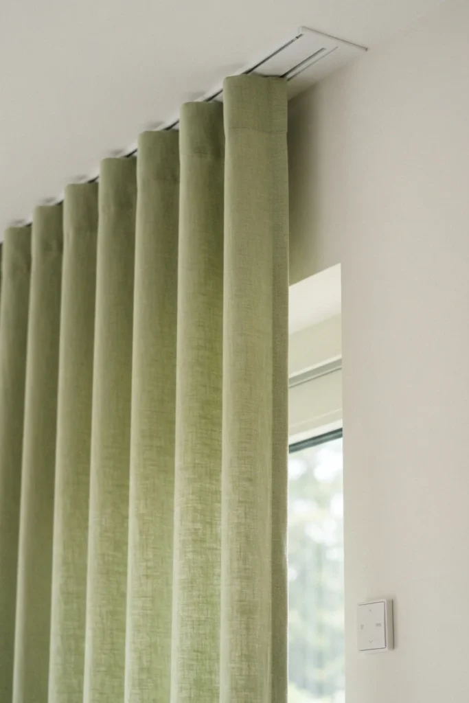 Modern living room curtain styles featuring pistachio linen ripple-fold curtains on a hidden recessed ceiling track with a wall control switch