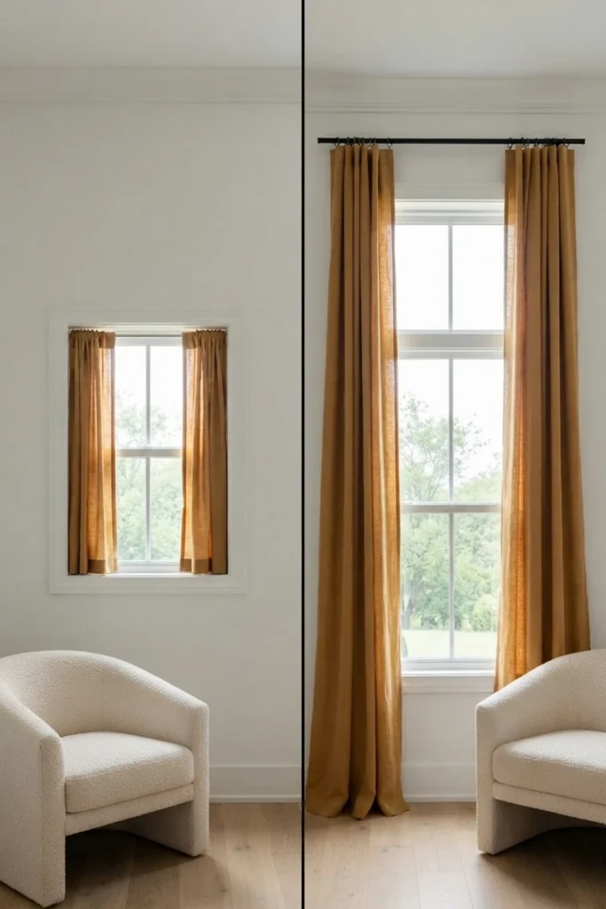 Modern living room curtain styles before and after, ochre curtains mounted low on the frame versus hung high and wide to the floor