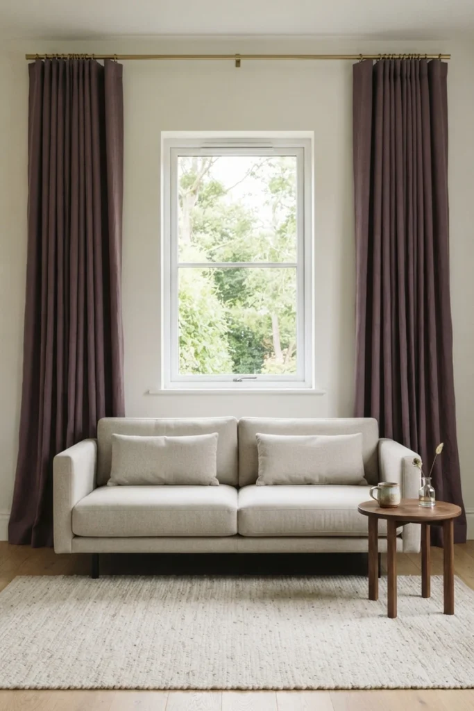 Modern living room curtain styles with aubergine linen curtains on a wide brass rod mounted near the ceiling so a small window looks larger