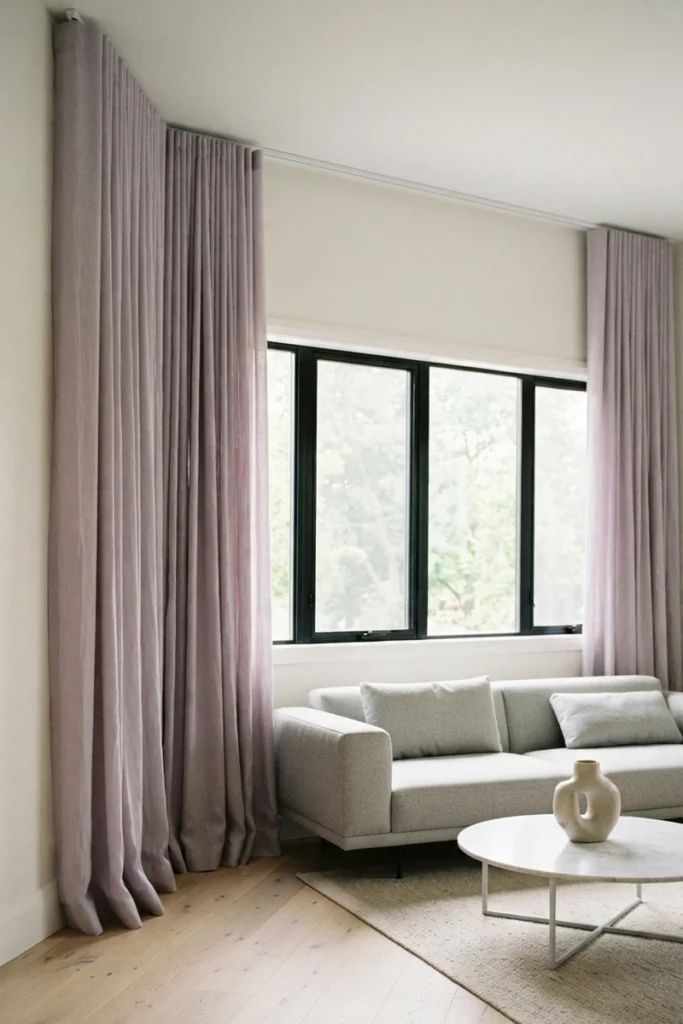 Modern living room curtain styles featuring soft lilac linen curtains on a ceiling track extended past a wide black-framed window