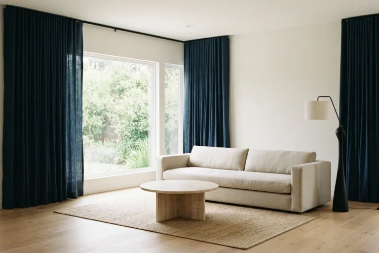 Modern living room curtain styles with ink blue linen ripple-fold panels hung high and wide on a ceiling track beside a bright open window