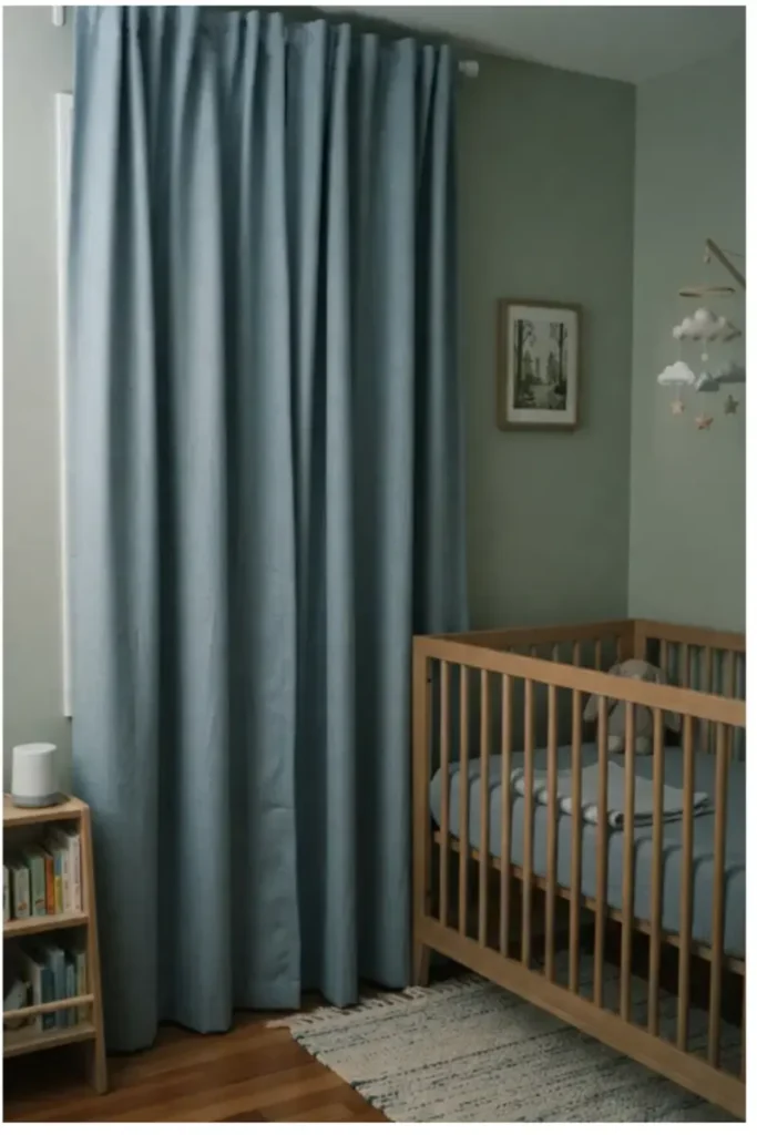 Dense blue-grey blackout curtain fully drawn beside a wooden crib in a soft sage nursery