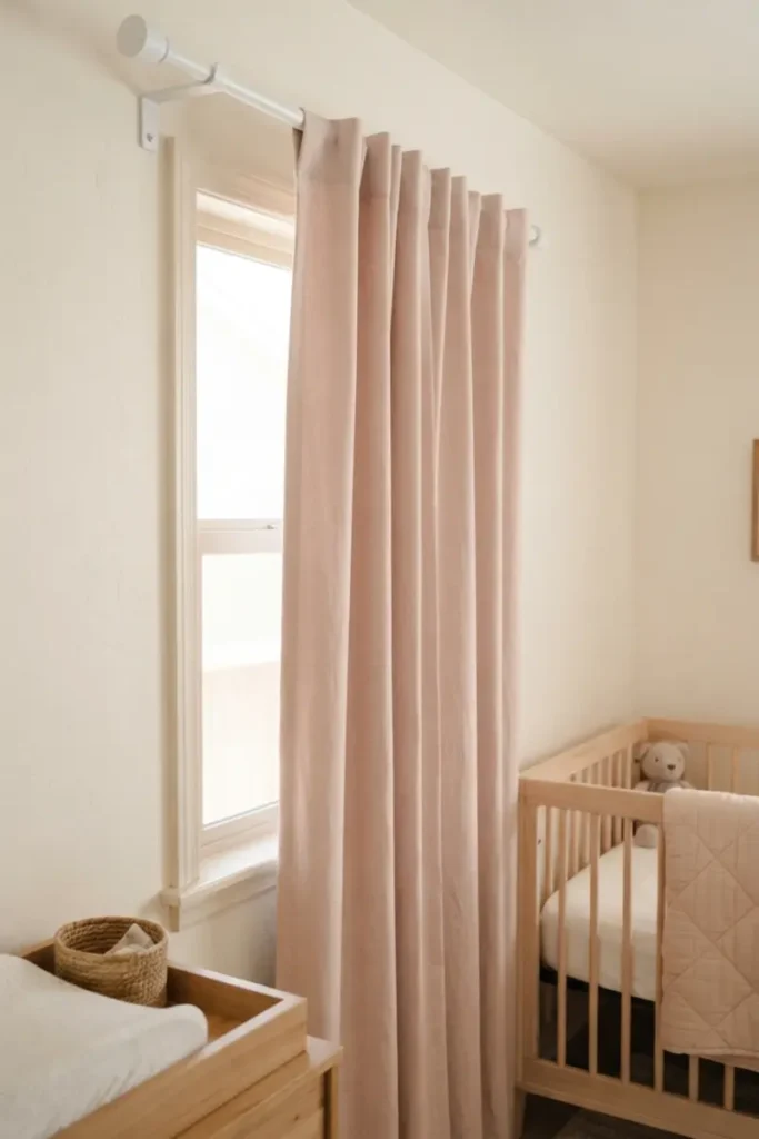 Cord-free rod-mounted blush pink curtain hanging safely beside a wooden crib, no dangling hardware in reach