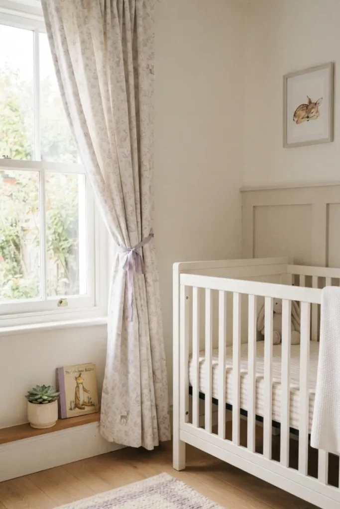 Crisp, clean poly-blend curtain with a subtle woodland print, tied back neatly beside a white crib