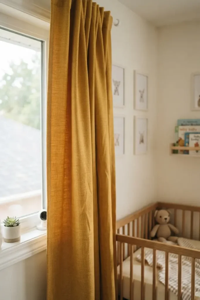 Dense, durable mustard linen curtain hanging beside a wooden crib, showing a crisp, easy-care fabric texture