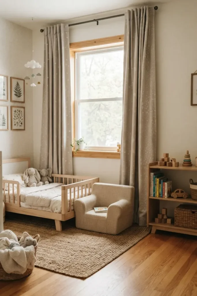 Neutral dot-print curtain in a toddler bedroom with a wooden guard-rail bed, cozy chair, and bookshelf