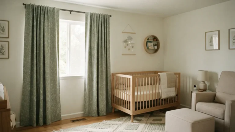 Nursery curtain ideas — soft sage green blackout curtains creating a calm, sleep-friendly space