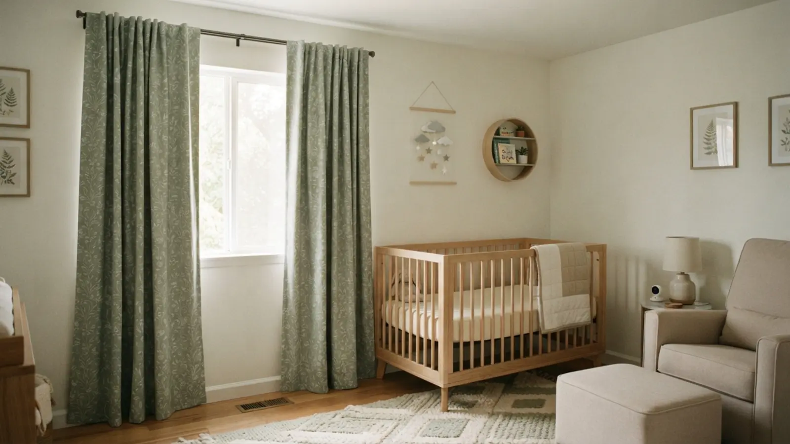 Nursery curtain ideas — soft sage green blackout curtains creating a calm, sleep-friendly space