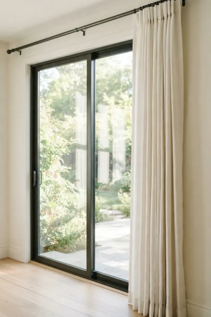 Linen curtain panel stacked to one side of an open sliding glass door, rod extending past the frame