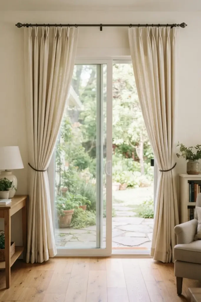 Two curtain panels symmetrically tied back on either side of a sliding glass door, framing a garden view